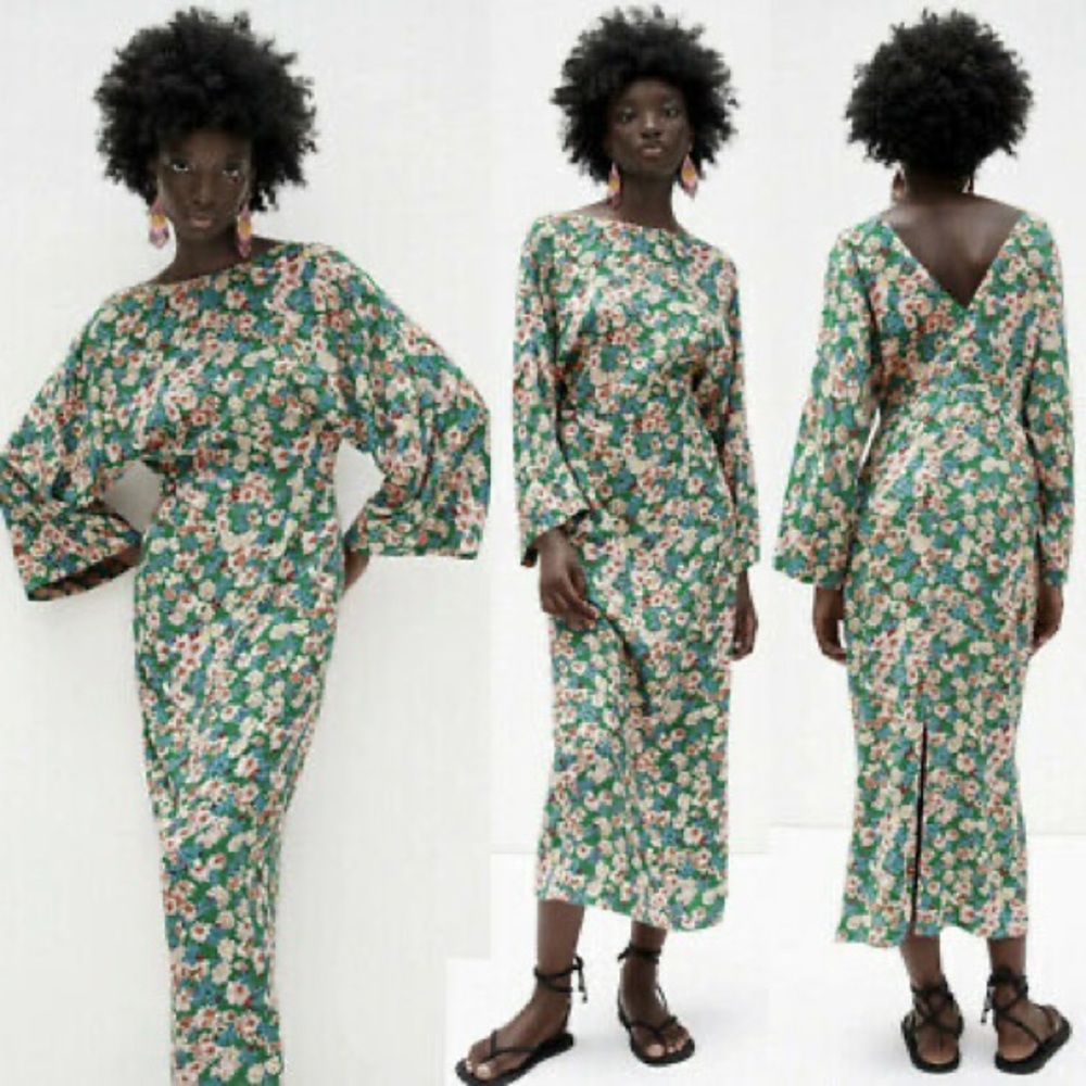 Zara Green ditzy floral Midi Kimono Dress high slit long sleeve